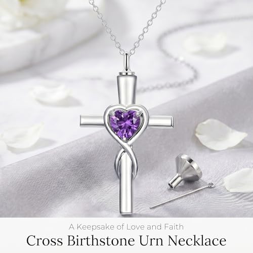 YYB Urn Necklace for Ashes Women Heart Birthstone Cross Cremation Jewelry | Memorial Keepsake Funeral Jewelry for Loved Ones (with Funnel Filler) - color: 02-Feb-Amethyst