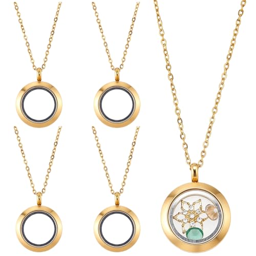 1 Box 8Pcs 4 Sets 20mm Real 18K Gold Plated Round Memory Locket Charm Locket Necklace Stainless Steel Clear Floating Memory Charms DIY Photo Keepsake Necklace for Women Nostalgic Friendship - style: 20mm gold