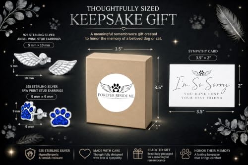 925 Sterling Silver Paw Print and Angel Wing Stud Earrings with Jewelry Box and Sympathy Card, Pet Memorial Gift for Dog or Cat Loss Remembrance - color: Deep Blue