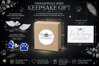 925 Sterling Silver Paw Print and Angel Wing Stud Earrings with Jewelry Box and Sympathy Card, Pet Memorial Gift for Dog or Cat Loss Remembrance - color: Deep Blue
