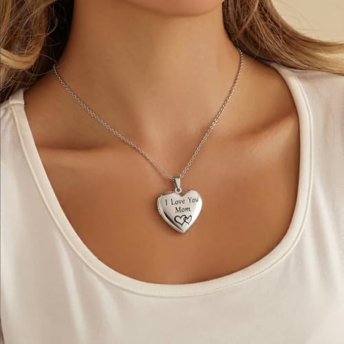 PHOCKSIN Personalized Locket Necklace for Women Photo Necklace with Customized Picture Birth Flower Birthstone Customizable Birthday Gifts - color: #12 Heart Silver Mom