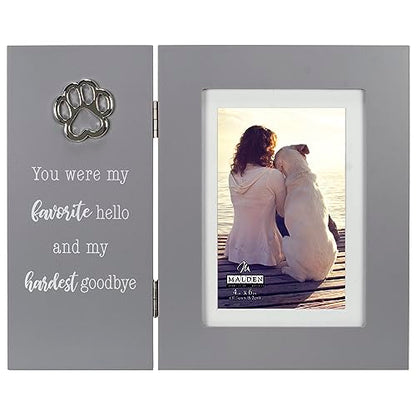 Malden Int Designs Pet Remembrance 4x6 Hinged Picture Frame with Sentiment and Metal Attachment You were my favorite hello and my hardest goodbye Quality MDF Wood Gray