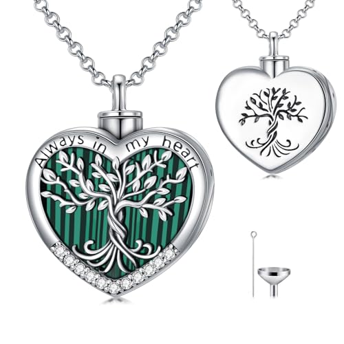 TOUPOP Tree of Life Urn Necklaces for Ashes 925 Sterling Silver Heart Cremation Jewelry Memorial Keepsake Jewelry with Funnel Filler for Women Men - color: A-Heart Tree of Life-Malachite
