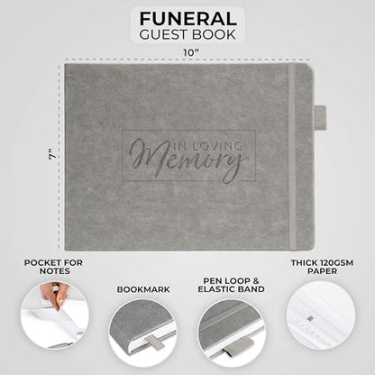 Clever Fox Funeral Guest Book for Memorial Service w/Address, Gray | 10x7 in, 120 pages, Eco leather hardcover, Personalized celebration of life guestbook, Memory book & condolence register - color: Gray