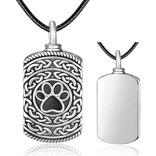 Dreamboat Pet Urn Necklace for Dog Cat Ashes 925 Sterling Silver Paw Print Cremation Keepsake Pendant Celtic Knot Memorial Jewelry Gifts for Women Men - style: 05B-Rectangle (Silver Personalized)
