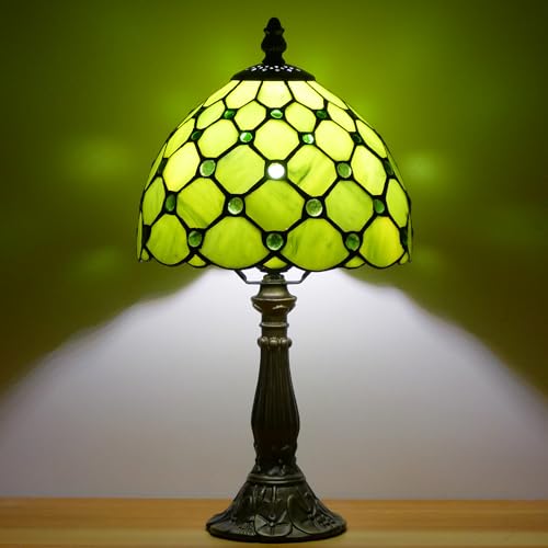 Small Tiffany Lamp Green Yellow Pearl Style W8H14.5 Inch | Mini Stained Glass Shade Table Lamp Resin Base Bedside Accent Lamp Memory Sympathy Desk Light - color: Green Yellow