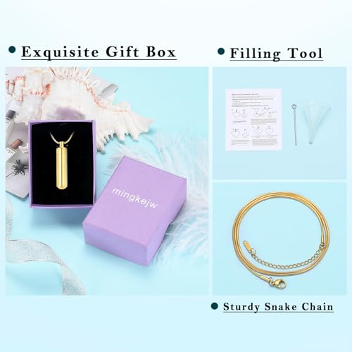 Cylinder Urn Necklace for Ashes with Glass Vials Cremation Jewelry Stainless Steel Ash Holder Keepsake Memorial Jewelry with Fill Tool - color: Gold-A