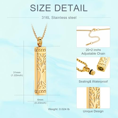 Tree of Life Urn Necklace, Stainless Steel Memorial Ashes Pendant | Tree of Life Cremation Jewelry Stainless Steel Locket Vertical Bar Keepsake Necklace Jewelry for Women Men Human Ashes - color: Gold