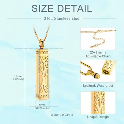 Tree of Life Urn Necklace, Stainless Steel Memorial Ashes Pendant | Tree of Life Cremation Jewelry Stainless Steel Locket Vertical Bar Keepsake Necklace Jewelry for Women Men Human Ashes - color: Gold