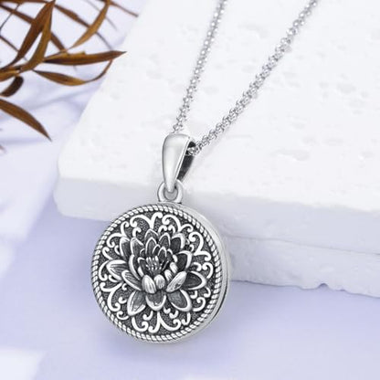 Round Locket Necklace 925 Sterling Silver Filigree/Flower Locket Necklace That Holds Pictures Birthday Christmas Jewelry Gifts for Women - color: 06-Lotus Locket