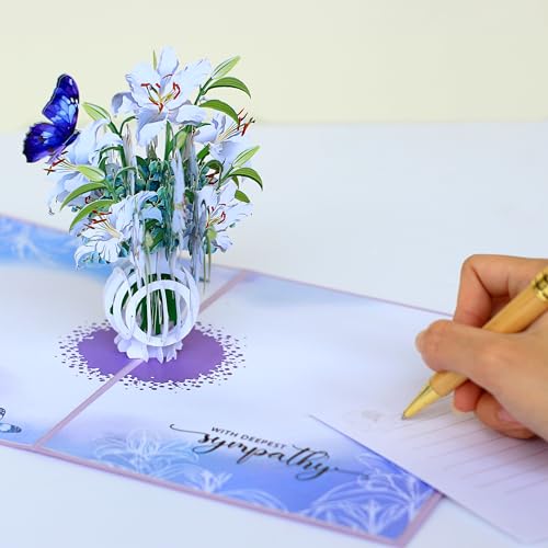 Paper With Deepest Sympathy Card, Lily Pop Up Card, Loss of Loved One, Pet, Mom, Dad, Child, Thinking Of You, Condolence, Bereavement, Grief, Greeting Card with Envelope (Lily) - color: Lily Sympathy
