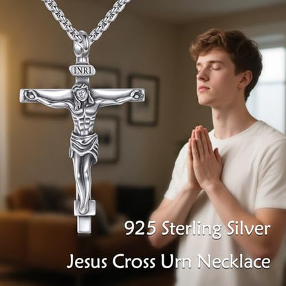 925 Sterling Silver Cross Necklace for Men & Women Crucifix Jesus/Cross Pendant with 22"+2" Stainless Steel Chain Jewelry Gift for Christmas, Father's Day, Mother's Day, Birthday-Gift Box Included - style: C01 Crucifix Urn