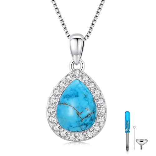 Urn necklace for Ashes 925 Sterling Silver Opal/Turquoise/Moonstone/Moss agate Pendant Cremation Memory Jewelry Keepsake Gifts for Women - style: Turquoise