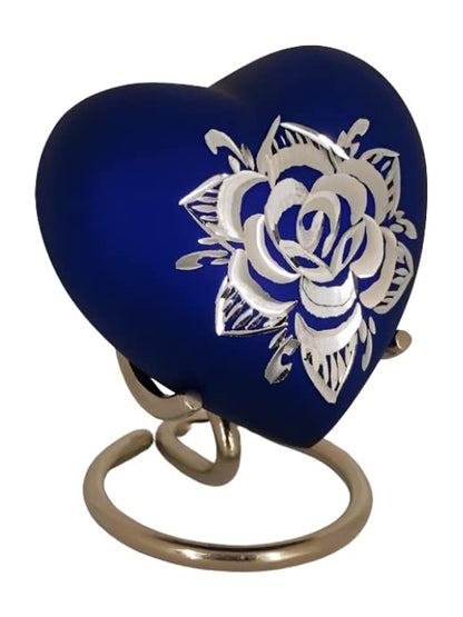 Classic Heart Shape Keepsake Urn for Human Ashes – with Box and Stand - Ink Blue Color with Diamond Cut Design 7 cms high