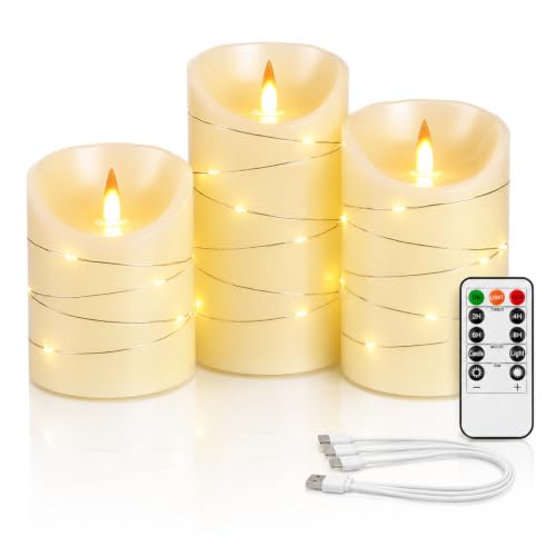 Rechargeable LED Candles, Real Wax, 4 5 6 in, Ivory, 3 Pack | USB rechargeable real wax candles with remote, timer and star lights - color: Ivory White