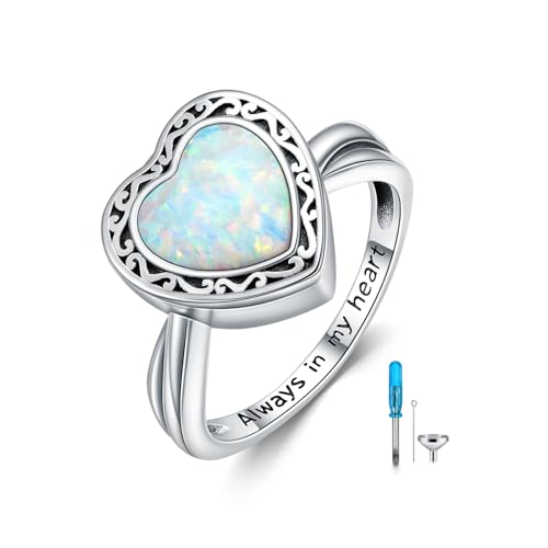 Heart Cremation Ring for Ashes 925 Sterling Silver Opal Urn Keepsake Rings Always in My Heart Memorial Jewelry for Women