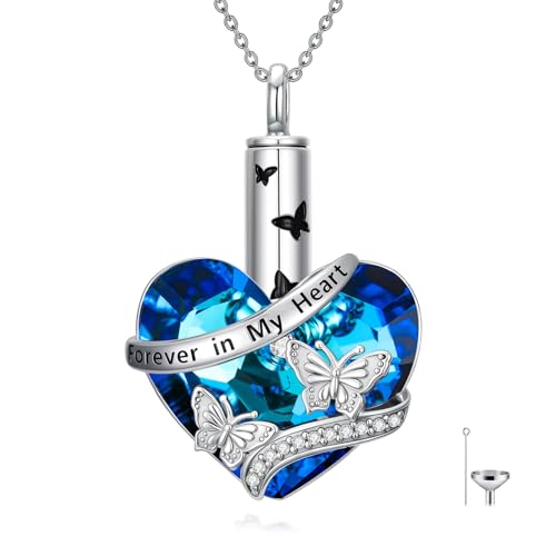 Urn Necklace for Women Sterling Silver Meaningful Memorial Jewelry | Paw Print/Butterfly/Dragonfly/Bird/Dolphin/Mountain/Tree of Life Urn Necklace for Ashes Cremation Keepsake Jewelry for Women - style: Heart-Butterfly