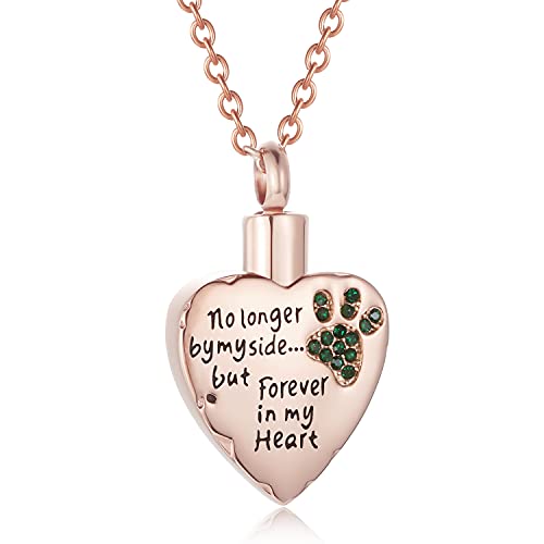 Fashion Pet Cremation Jewelry Stainess Steel Heart Keepsake Ashes Necklace Dog Cat Paw Memorial Urn Pendant - color: Rose Gold-Green