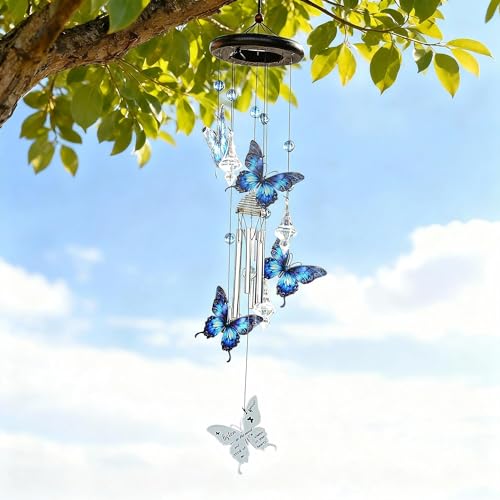 YU FENG Butterfly Memorial Wind Chime, Crystal Suncatcher Outdoor Decor | 27 Inch Metal Hanging Chime, Blue Butterfly Design, Sympathy Remembrance Gift, Garden Yard Patio Decoration - style: Blue Garden – Butterfly – 27 Inch