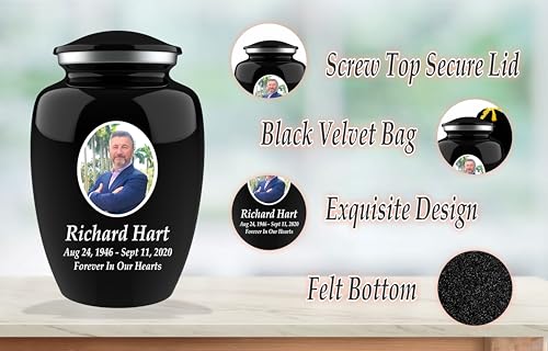 Personalized Photo & Engraved Cremation Urn for Human Ashes | Large Adult Memorial Urn | Black Finish | Up to 200 lbs