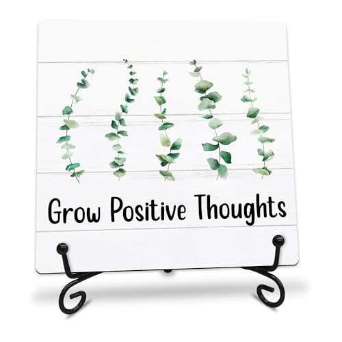Grow Positive Thoughts Wooden Sign - 5" Inspirational Quotes Wooden Plaque With Metal Support - Greenery Rustic Tabletop Home, Office, Classroom Decor - Housewarming Gifts For Family & Friends - A03 - style: Grow Positive Thoughts