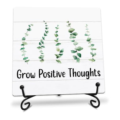 Grow Positive Thoughts Wooden Sign - 5" Inspirational Quotes Wooden Plaque With Metal Support - Greenery Rustic Tabletop Home, Office, Classroom Decor - Housewarming Gifts For Family & Friends - A03 - style: Grow Positive Thoughts