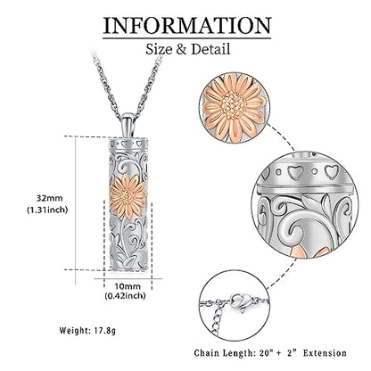 shajwo Cylinder Urn Necklace for Ashes for Women Men Sunflower Cremation Jewelry Vial Memorial Loved One Pendant - color: Rose Gold