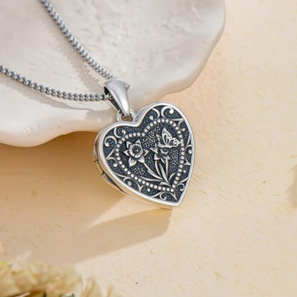 PELOVNY Birth Flower Locket Necklace for Women 925 Sterling Silver Flower Butterfly Heart Photo Locket Pendant Birthday Christmas Jewelry Gifts for Mom Daughter Wife Sister - color: 03-Daffodils