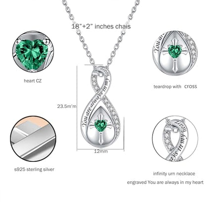 ZOEXUE Infinity Cross Cremation Jewelry - S925 Sterling Silver Cross Urn Necklace for Women - Birthstone Cross with Heart CZ Ashes Keepsake Pendant Memorial Urn Jewelry Gift for A Loss Loved Ones - color: Green