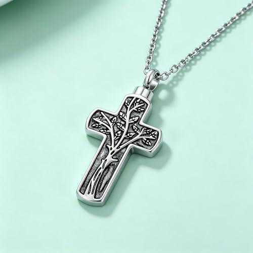 Cremation Cross Urn Necklace for Ashes Tree of Life Dad/Mom/Grandma Stainless Steel Urn Pendant Ashes Holder Memorial Jewelry - style: Cross style 01