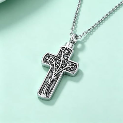 Cremation Cross Urn Necklace for Ashes Tree of Life Dad/Mom/Grandma Stainless Steel Urn Pendant Ashes Holder Memorial Jewelry - style: Cross style 01