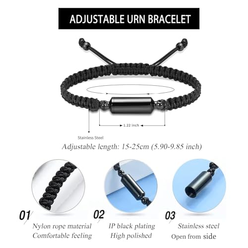 Hearbeingt Cylinder Cremation Bracelet for Ashes Adjustable Rope Urn Bangle - color: A-Black