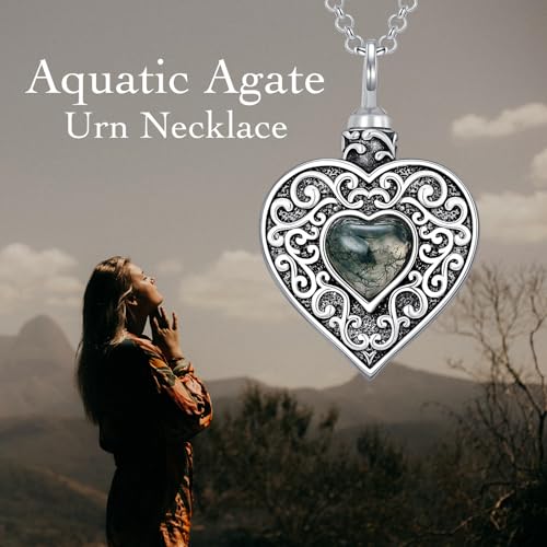 Rose & Daisy Urn Necklace - Sterling Silver Cremation Keepsake Memorial Jewelry - style: Heart Urn Necklace-Moss Agate
