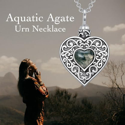 Rose & Daisy Urn Necklace - Sterling Silver Cremation Keepsake Memorial Jewelry - style: Heart Urn Necklace-Moss Agate