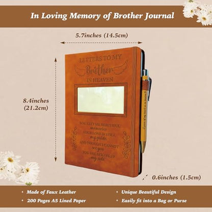 Brother Grieving Gift, Sympathy Condolence Remembrance Memorial Gifts | Letters To My Brother In Heaven Faux Leather Journal Window Cover 200 Pages A5 Lined for Family Friend Who Loss of Brother - style: Brother