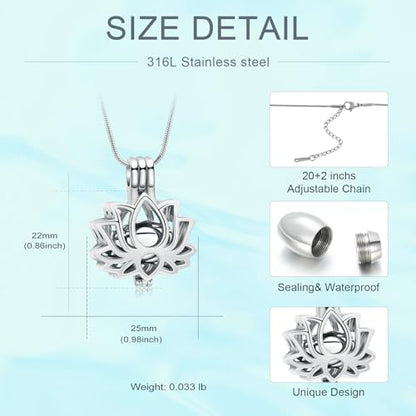 Cremation Jewelry Lotus Flower Urn Necklaces for Ashes Stainless Stell Memorial Ash Pendant Necklaces with Mini Urn Keepsake Ash Jewelry for Men Women Gifts with Funnel Filler Kit - color: Silver