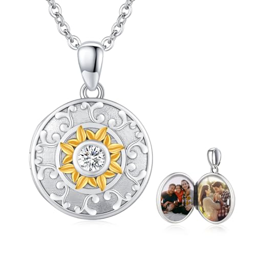 TUGHRA Mother's Day Gifts Gold Locket Necklaces for Women, 925 Sterling Silver Heart Photo Lockets Memorial Keepsake Jewelry Gift for Mom, Wife, Daughter - style: 6958-Sunflower