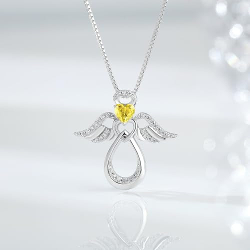 925 Sterling Silver Guardian Angel Pendant Necklace for Women with Birthstone Cubic Zirconia Little Angel Pendant Necklace Jewelry 18 inch Chain - color: 11-Nov-Citrine