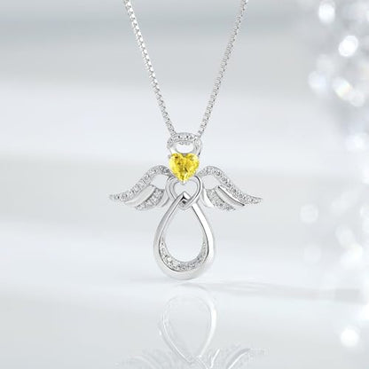 925 Sterling Silver Guardian Angel Pendant Necklace for Women with Birthstone Cubic Zirconia Little Angel Pendant Necklace Jewelry 18 inch Chain - color: 11-Nov-Citrine