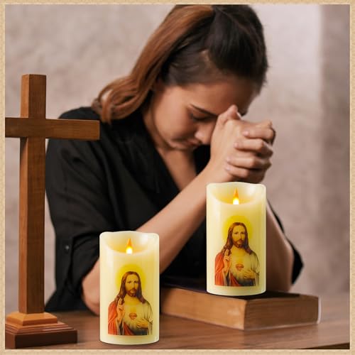 LED Prayer Flameless Candles with Remote Timer, Battery Powered Candle, Religious Candle 6" x 3.2" （Jesus Red ） - style: Jesus Christ Sacred Heart(RED）