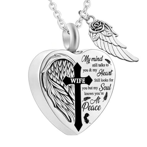 Heart Urn Necklaces for Ashes Cross Angel Wings Cremation Jewelry Keepsake Memorial Pendant for Men Women - style: Wife