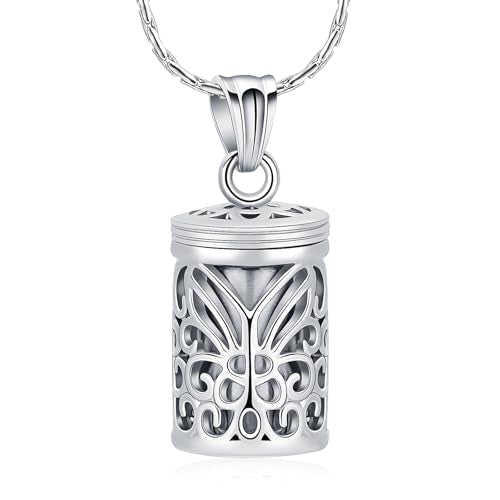 constantlife Cylinder Cremation Jewelry for Ashes Hollow Butterfly Urn Necklace for Women Men Memorial Vial Urns for Human/Pet Ashes - color: Silver