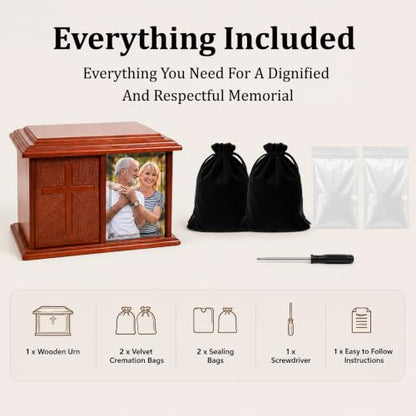 Double Companion Urn for 2 Adults Holds Up to 400 Cubic Inches Wooden Cremation Urn for Human Ashes with 4 x 6 Photo Frame Carved Cross Memorial Urn for Husband Wife Parents