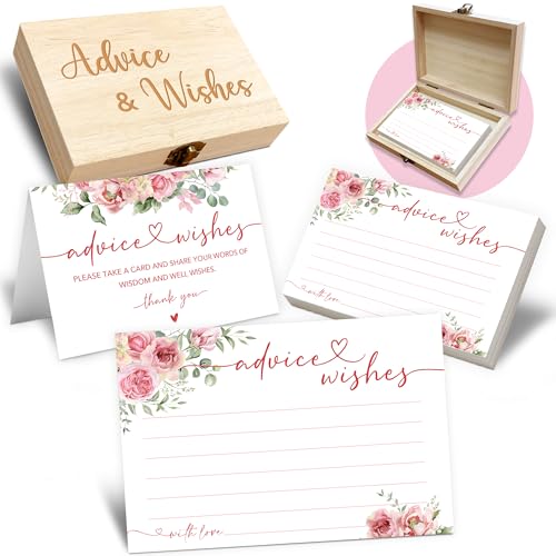 Advice and Wishes Cards Box - 50 Pcs Wedding & Baby Shower Advice Cards, Well Wishes Box for Graduation, Christmas, Birthday Party Decorations, Bridal Shower Games(Pink) -A02 - color: Pink, size: Set with Wooden Box