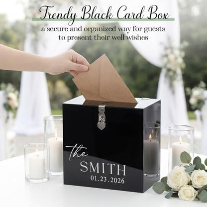 Novabright 10 Inches Wedding Acrylic Card Box with Slot Lock and Last Name Transfers Money Box for Bridal Shower Wedding, Baby Shower Birthday Party, No Assembly Needed(Black,Classic Style) - color: Black, style: Classic Style