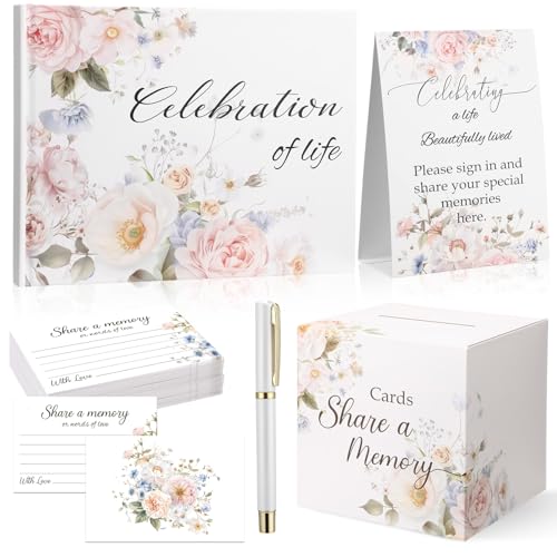 Epakh 64 Pcs Guest Book Set for Funeral, Celebration of Life Memorial Guestbook with 60 Share a Memory Cards, Card Box, Table Sign & Pen, in Loving Memory Registry for Memorial Services(Blossom) - style: Blossom