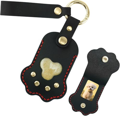Pet Memorial Key chain,Dog Hair Keychain, Handmade Full Grain Leather Paw Shape Keychain for Dog Cat Hair Keepsake, Holds Fur & Photo, Personalized Memorial Gift for Pet Loss (Upgrade-Black-red line) - color: Upgrade-midnight Black