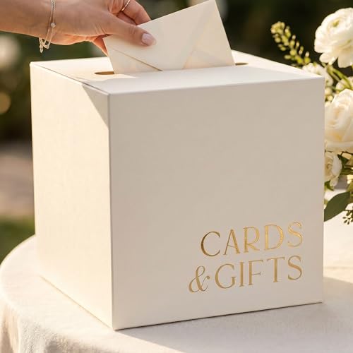 ZICOTO Elegant Wedding Card Box - Beige Gift Card Holder w/Gold Foil | Matches Your Party Reception Decorations - Sturdy and Easy to Assemble for Bridal Showers, Anniversaries and Graduations - color: Beige