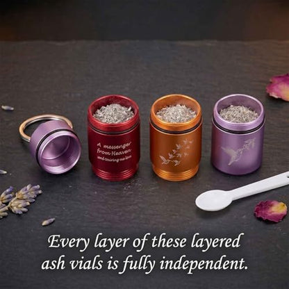4-Tier Scattering Urn, Stackable Travel Urn TSA Approved, Aluminum Alloy | Hummingbird carving pattern, Thread Sealing, Metal Hanging Loop, for Sharing Ashes, Travel Memorials, and Scattering - color: 4 Layer