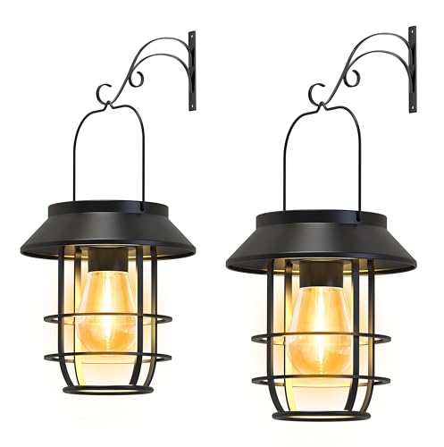 2 Pack Solar Lanterns Outdoor Waterproof, Metal Hanging Lantern, Black | 12-Hr Runtime Outdoor Solar Lantern with Wall Hooks, Auto On/Off, High Bright Solar Lights for Garden, Porch, Patio Decor - color: Black, size: 2 Pack
